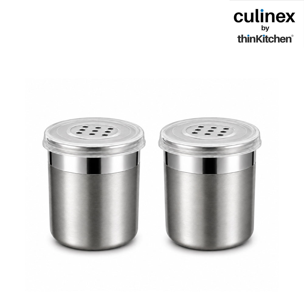 Culinex Stainless Steel Small 2 Pcs x 100ml Seasoning Salt Pepper Dispenser - 5x6 cms | Coarse Spice Sprinkler with Lid for Spices, Herbs, Masala | Dual Finish Mini Condiments Dispenser By thinKitchen