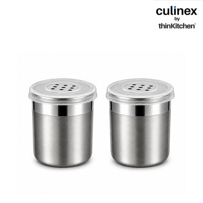 Culinex Stainless Steel Small 2 Pcs x 100ml Seasoning Salt Pepper Dispenser - 5x6 cms | Coarse Spice Sprinkler with Lid for Spices, Herbs, Masala | Dual Finish Mini Condiments Dispenser By thinKitchen