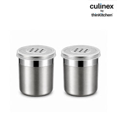 Culinex Stainless Steel Small 2 Pcs x 100ml Seasoning Salt Pepper Dispenser - 5x6 cms | Coarse Spice Sprinkler with Lid for Spices, Herbs, Masala | Dual Finish Mini Condiments Dispenser By thinKitchen