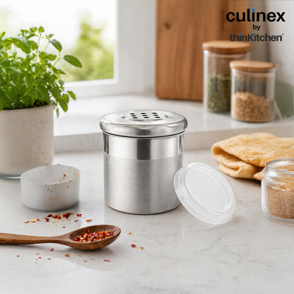 Culinex Stainless Steel Small 2 Pcs x 100ml Seasoning Salt Pepper Dispenser - 5x6 cms | Coarse Spice Sprinkler with Lid for Spices, Herbs, Masala | Dual Finish Mini Condiments Dispenser By thinKitchen