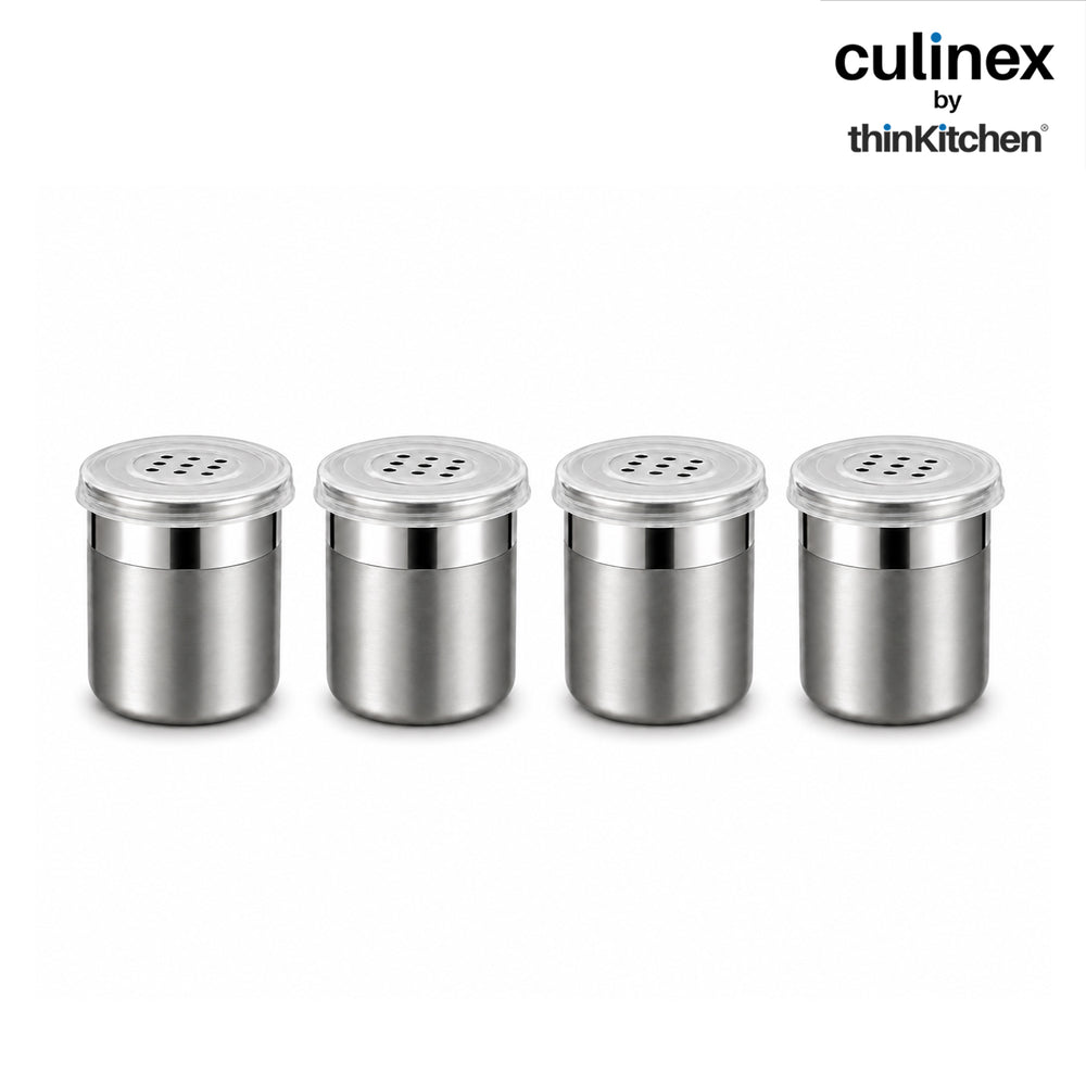 Culinex Stainless Steel Small 4 Pcs x 100ml Seasoning Salt Pepper Dispenser - 5x6 cms | Coarse Spice Sprinkler with Lid for Spices, Herbs, Masala | Dual Finish Mini Condiments Dispenser By thinKitchen
