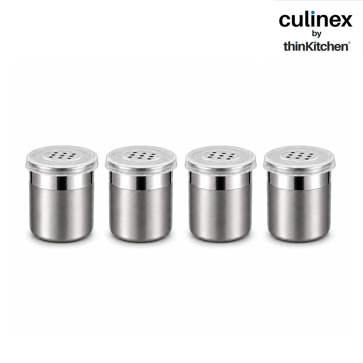 Culinex Stainless Steel Small 4 Pcs x 100ml Seasoning Salt Pepper Dispenser - 5x6 cms | Coarse Spice Sprinkler with Lid for Spices, Herbs, Masala | Dual Finish Mini Condiments Dispenser By thinKitchen