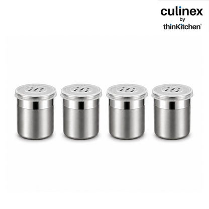Culinex Stainless Steel Small 4 Pcs x 100ml Seasoning Salt Pepper Dispenser - 5x6 cms | Coarse Spice Sprinkler with Lid for Spices, Herbs, Masala | Dual Finish Mini Condiments Dispenser By thinKitchen