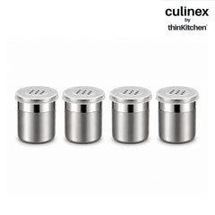 Culinex Stainless Steel Small 4 Pcs x 100ml Seasoning Salt Pepper Dispenser - 5x6 cms | Coarse Spice Sprinkler with Lid for Spices, Herbs, Masala | Dual Finish Mini Condiments Dispenser By thinKitchen