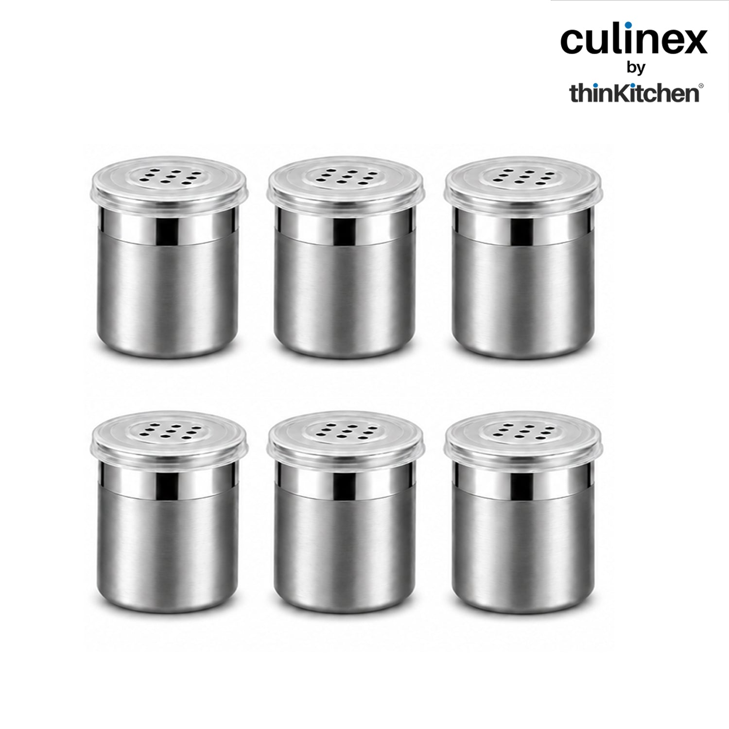 Culinex Stainless Steel Small 6 Pcs x 100ml Seasoning Salt Pepper Dispenser - 5x6 cms | Coarse Spice Sprinkler with Lid for Spices, Herbs, Masala | Dual Finish Mini Condiments Dispenser By thinKitchen - 1