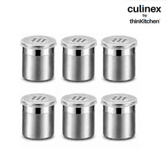Culinex Stainless Steel Small 6 Pcs x 100ml Seasoning Salt Pepper Dispenser - 5x6 cms | Coarse Spice Sprinkler with Lid for Spices, Herbs, Masala | Dual Finish Mini Condiments Dispenser By thinKitchen