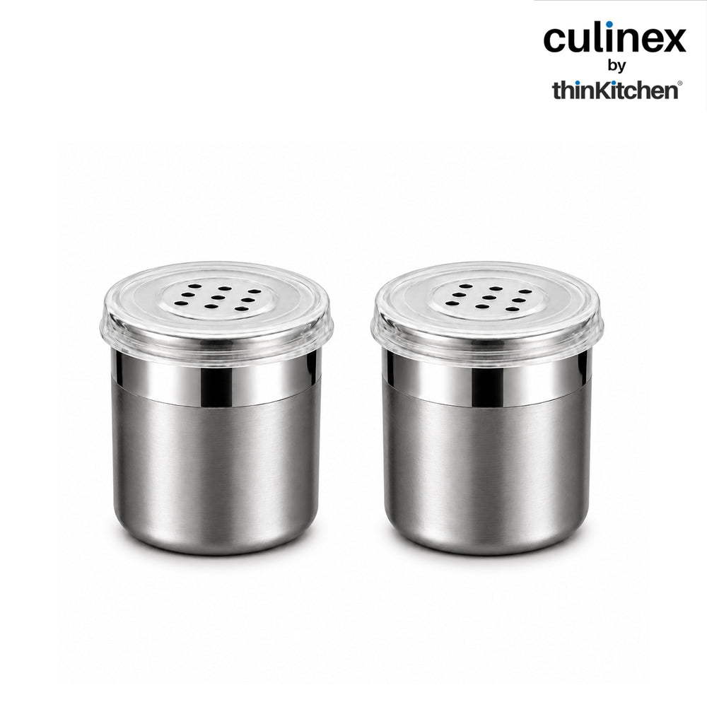 Culinex Stainless Steel Small 2 Pcs x 120ml Seasoning Salt Pepper Dispenser - 6x5 cms | Coarse Spice Sprinkler with Lid for Spices, Herbs, Masala | Dual Finish Mini Condiments Dispenser By thinKitchen