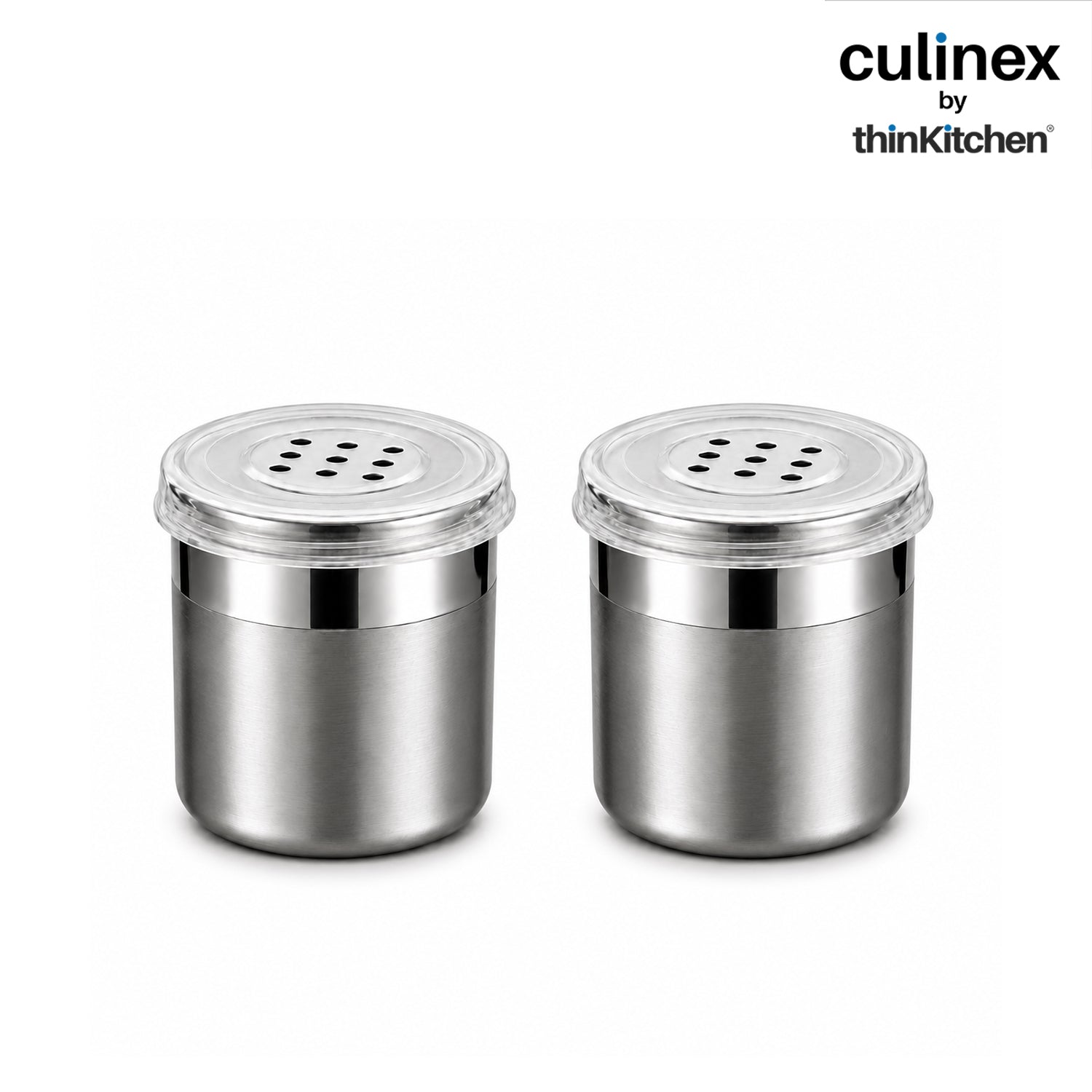 Culinex Stainless Steel Small 2 Pcs x 120ml Seasoning Salt Pepper Dispenser - 6x5 cms | Coarse Spice Sprinkler with Lid for Spices, Herbs, Masala | Dual Finish Mini Condiments Dispenser By thinKitchen - 1