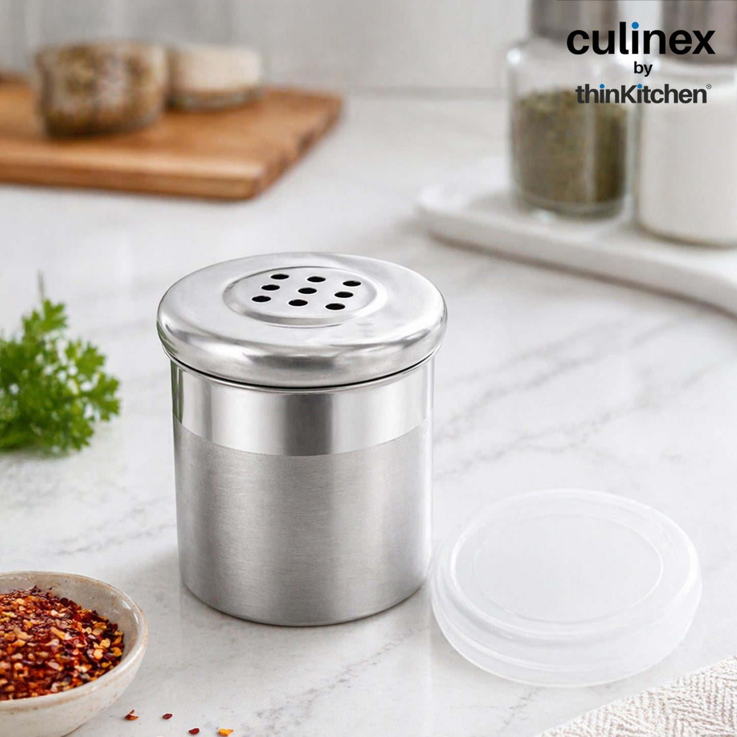 Culinex Stainless Steel Small 2 Pcs x 120ml Seasoning Salt Pepper Dispenser - 6x5 cms | Coarse Spice Sprinkler with Lid for Spices, Herbs, Masala | Dual Finish Mini Condiments Dispenser By thinKitchen
