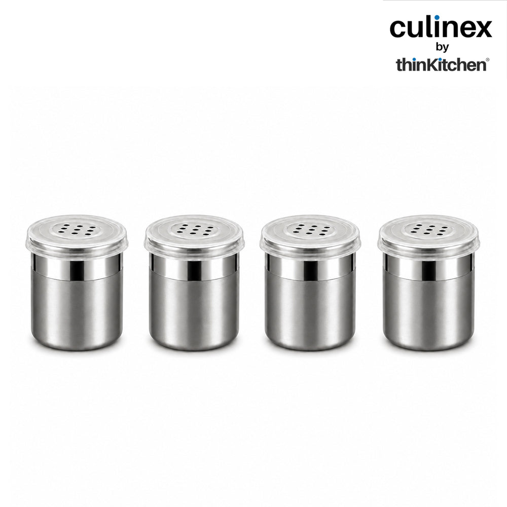 Culinex Stainless Steel Small 4 Pcs x 120ml Seasoning Salt Pepper Dispenser - 6x5 cms | Coarse Spice Sprinkler with Lid for Spices, Herbs, Masala | Dual Finish Mini Condiments Dispenser By thinKitchen