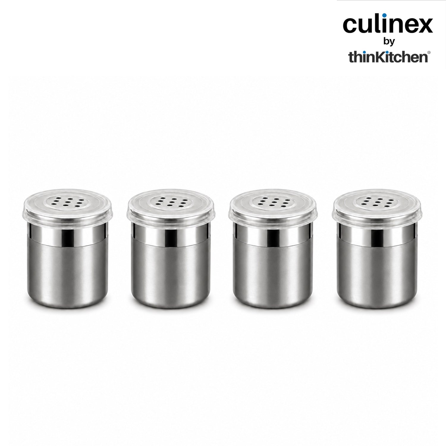 Culinex Stainless Steel Small 4 Pcs x 120ml Seasoning Salt Pepper Dispenser - 6x5 cms | Coarse Spice Sprinkler with Lid for Spices, Herbs, Masala | Dual Finish Mini Condiments Dispenser By thinKitchen - 1