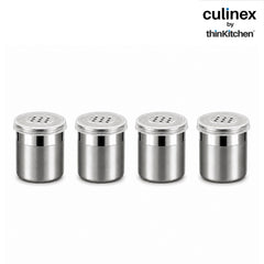Culinex Stainless Steel Small 4 Pcs x 120ml Seasoning Salt Pepper Dispenser - 6x5 cms | Coarse Spice Sprinkler with Lid for Spices, Herbs, Masala | Dual Finish Mini Condiments Dispenser By thinKitchen
