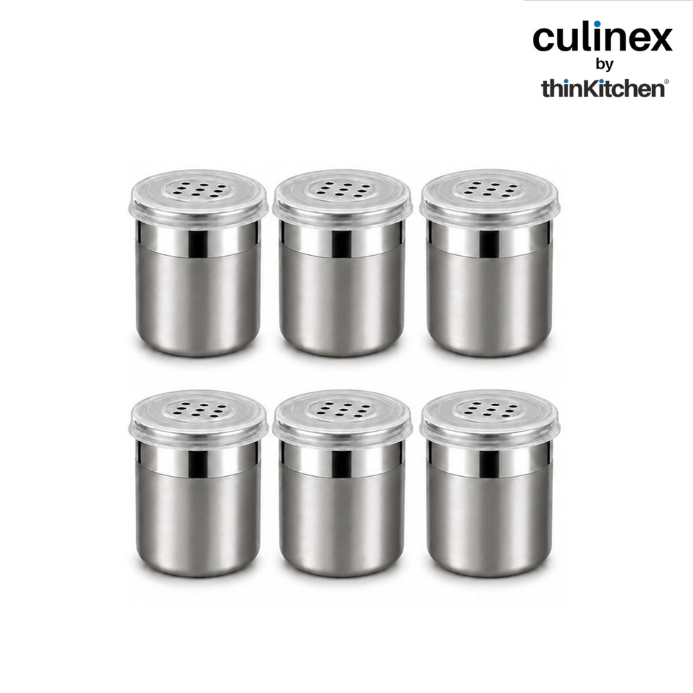 Culinex Stainless Steel Small 6 Pcs x 120ml Seasoning Salt Pepper Dispenser - 6x5 cms | Coarse Spice Sprinkler with Lid for Spices, Herbs, Masala | Dual Finish Mini Condiments Dispenser By thinKitchen