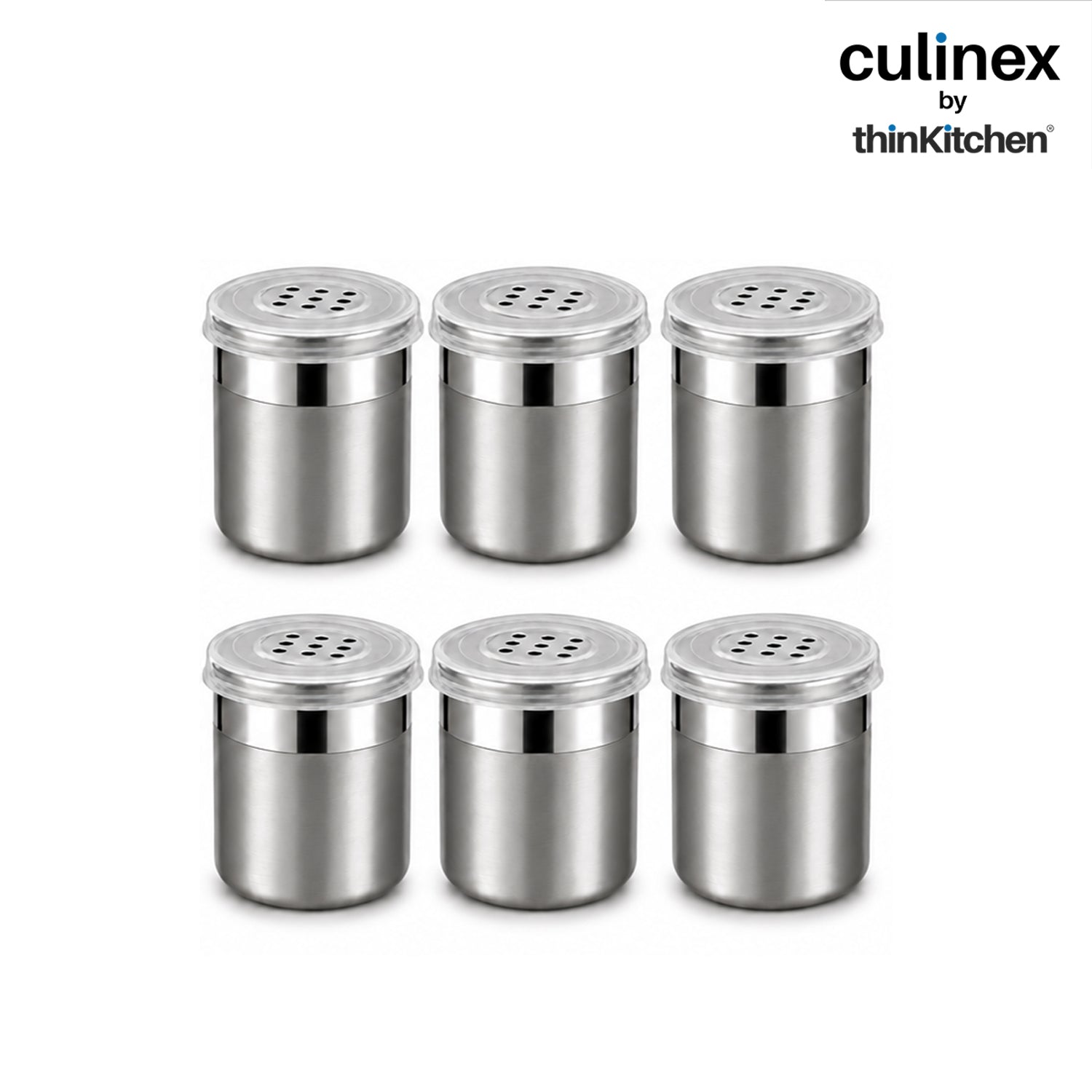 Culinex Stainless Steel Small 6 Pcs x 120ml Seasoning Salt Pepper Dispenser - 6x5 cms | Coarse Spice Sprinkler with Lid for Spices, Herbs, Masala | Dual Finish Mini Condiments Dispenser By thinKitchen - 1