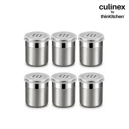 Culinex Stainless Steel Small 6 Pcs x 120ml Seasoning Salt Pepper Dispenser - 6x5 cms | Coarse Spice Sprinkler with Lid for Spices, Herbs, Masala | Dual Finish Mini Condiments Dispenser By thinKitchen