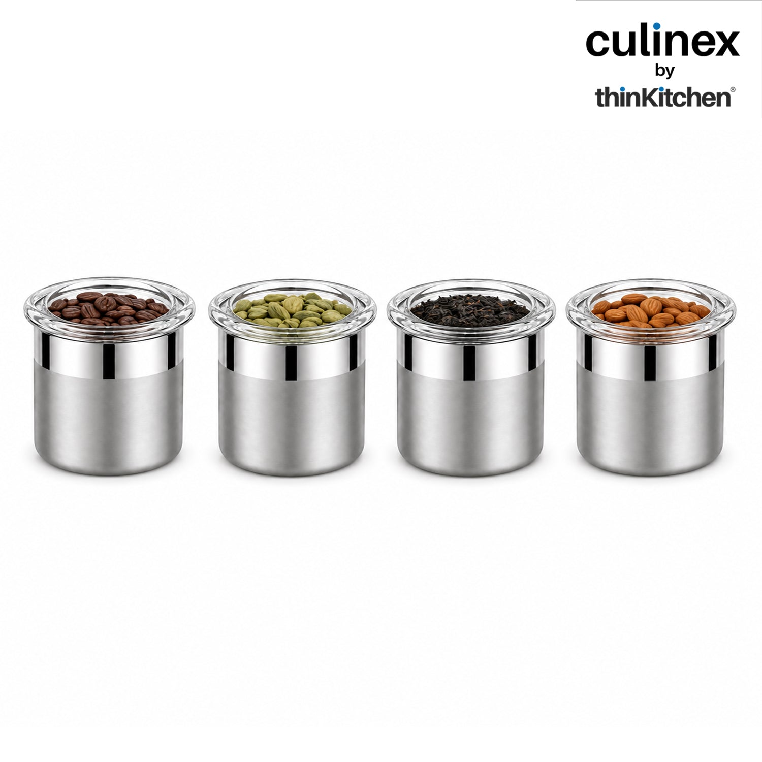 Culinex Premium 4 Pcs x 120ml Stainless Steel Airtight Storage Container (6x5cms), Multipurpose Jar, Mini Dabba with Acrylic Lid for Kitchen | Dual Finish, Mini Canister for Spices, Herbs By thinKitchen - 1