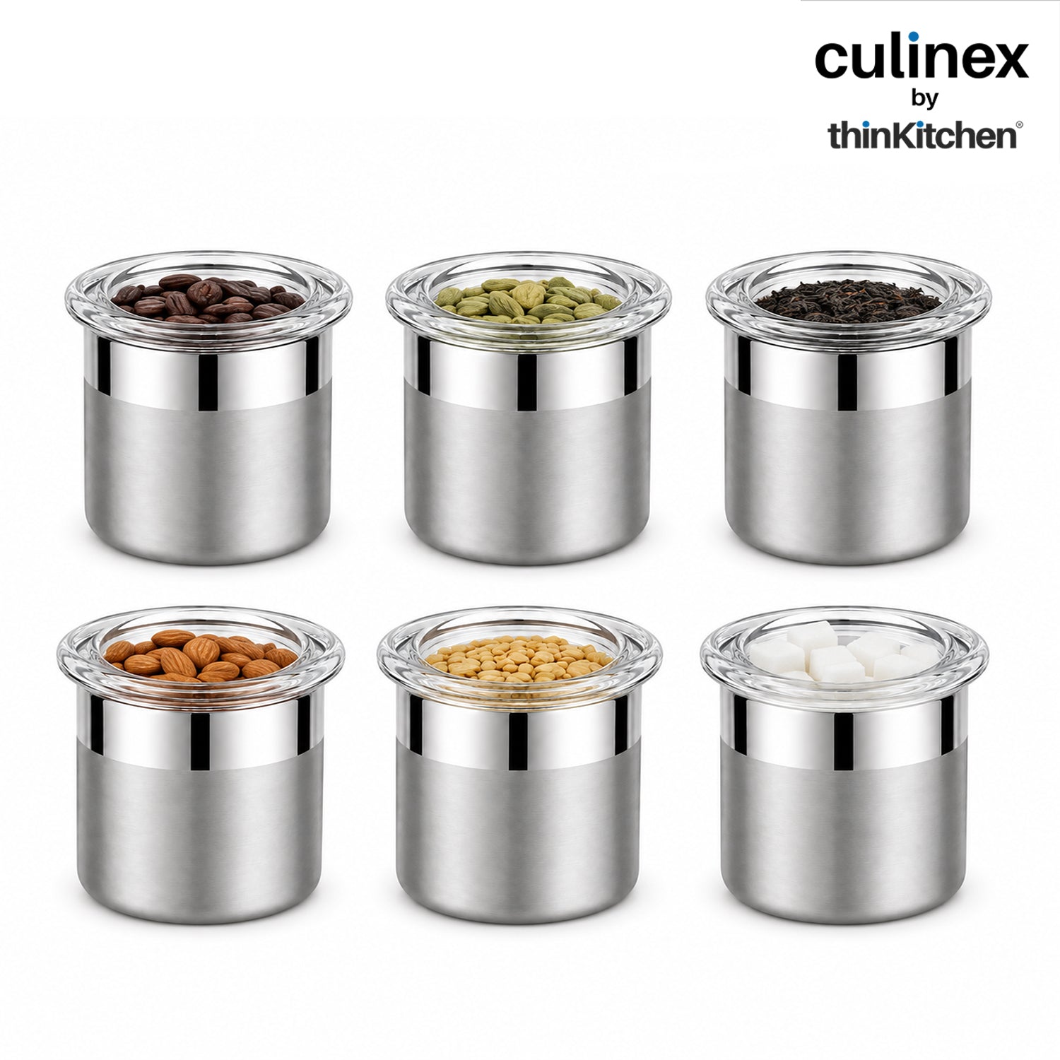 Culinex Premium 6 Pcs x 120ml Stainless Steel Airtight Storage Container (6x5cms), Multipurpose Jar, Mini Dabba with Acrylic Lid for Kitchen | Dual Finish, Mini Canister for Spices, Herbs By thinKitchen - 1