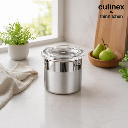 Culinex 18/8 Stainless Steel 2 Pcs x 100ml Small Airtight Storage Container (5x6cms), Mini dabba with Acrylic Lid for Kitchen | Dual Finish, Space Saving Mini Canister for Spices, Herbs By thinKitchen
