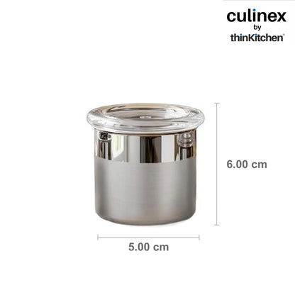 Culinex 18/8 Stainless Steel 2 Pcs x 100ml Small Airtight Storage Container (5x6cms), Mini dabba with Acrylic Lid for Kitchen | Dual Finish, Space Saving Mini Canister for Spices, Herbs By thinKitchen