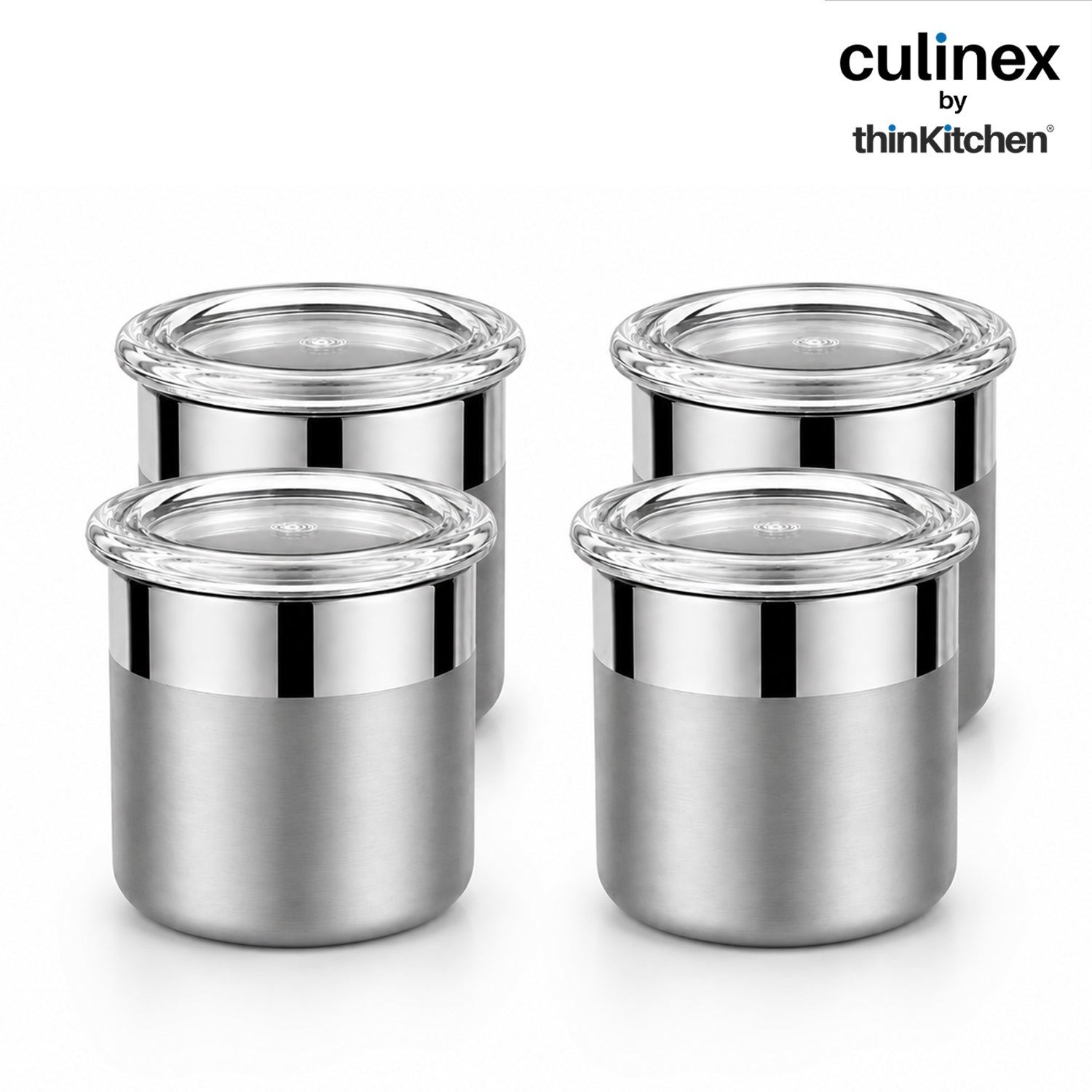 Culinex 18/8 Stainless Steel 4 Pcs x 100ml Small Airtight Storage Container (5x6cms), Mini dabba with Acrylic Lid for Kitchen | Dual Finish, Space Saving Mini Canister for Spices, Herbs By thinKitchen - 1
