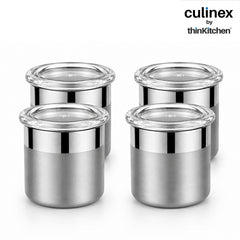 Culinex 18/8 Stainless Steel 4 Pcs x 100ml Small Airtight Storage Container (5x6cms), Mini dabba with Acrylic Lid for Kitchen | Dual Finish, Space Saving Mini Canister for Spices, Herbs By thinKitchen