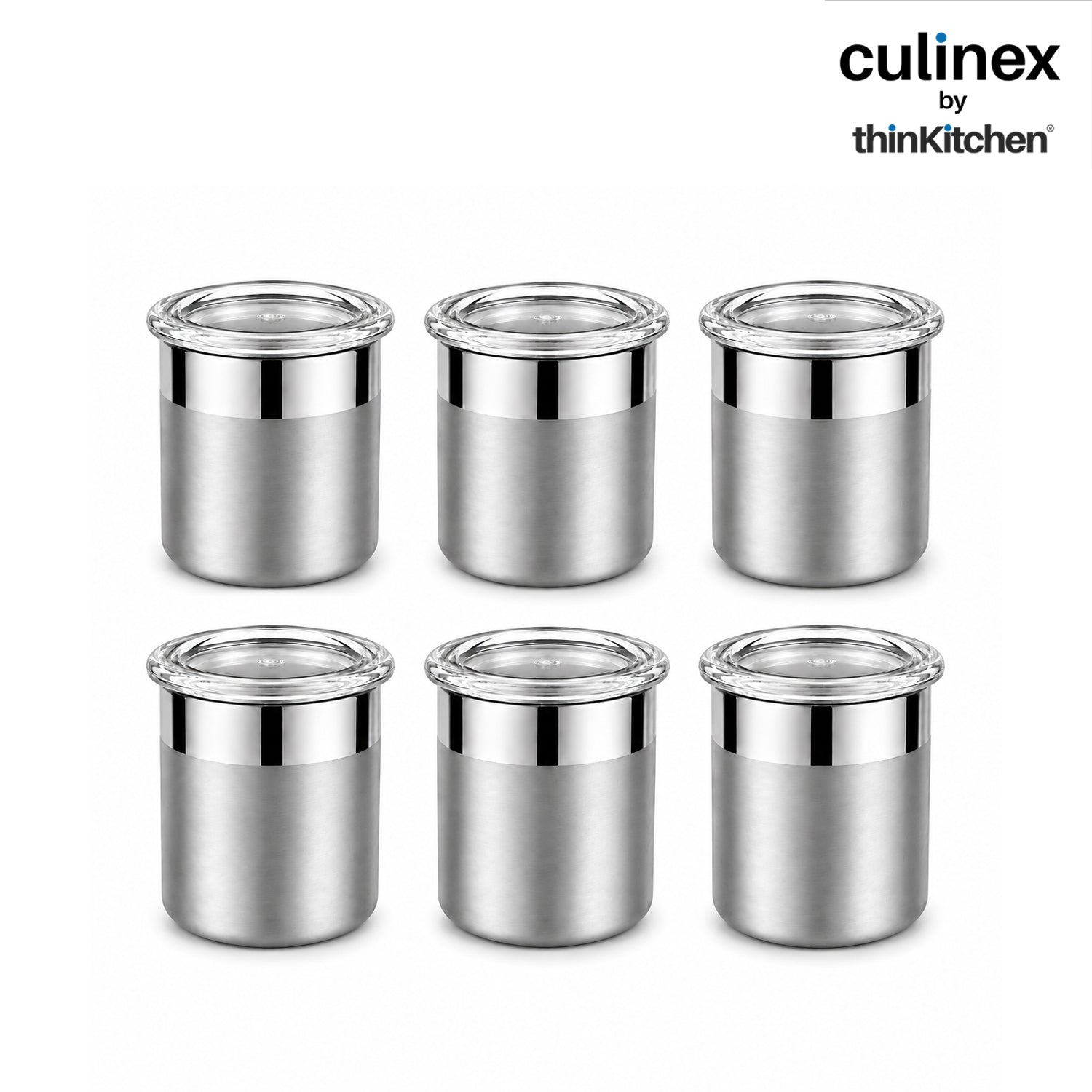 Culinex 18/8 Stainless Steel 6 Pcs x 100ml Small Airtight Storage Container (5x6cms), Mini dabba with Acrylic Lid for Kitchen | Dual Finish, Space Saving Mini Canister for Spices, Herbs By thinKitchen - 1