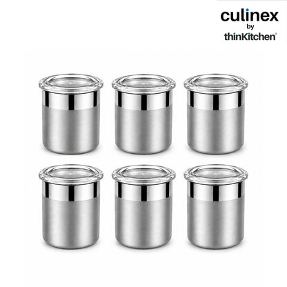 Culinex 18/8 Stainless Steel 6 Pcs x 100ml Small Airtight Storage Container (5x6cms), Mini dabba with Acrylic Lid for Kitchen | Dual Finish, Space Saving Mini Canister for Spices, Herbs By thinKitchen