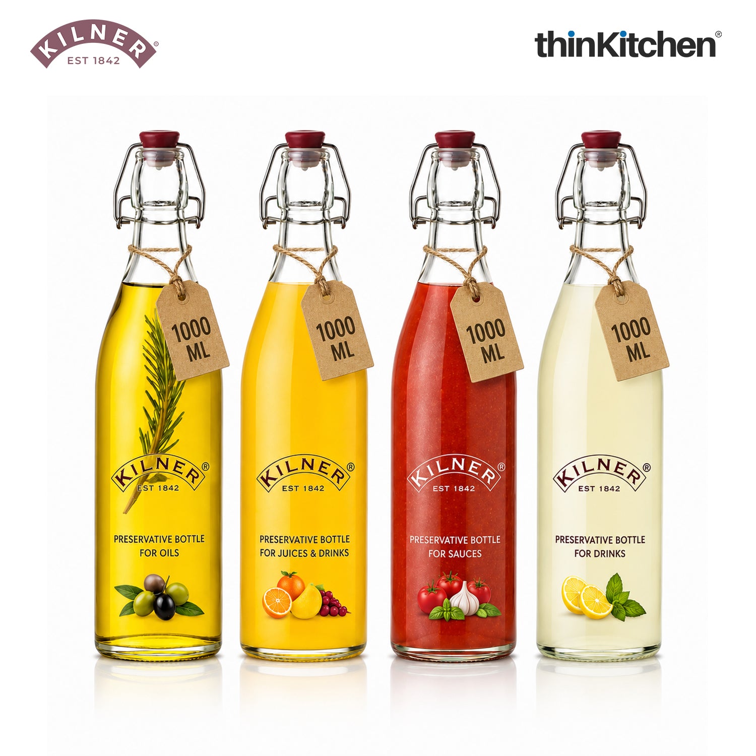 Kilner Premium 1L Square Clip top Airtight Preservative Bottle Set of 4 for Oils, Juices, Drinks, Sauces | Transparent Multipurpose, Reusable Kitchen Storage Container - 1