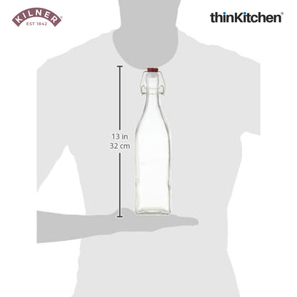Kilner Premium 1L Square Clip top Airtight Preservative Bottle Set of 4 for Oils, Juices, Drinks, Sauces | Transparent Multipurpose, Reusable Kitchen Storage Container