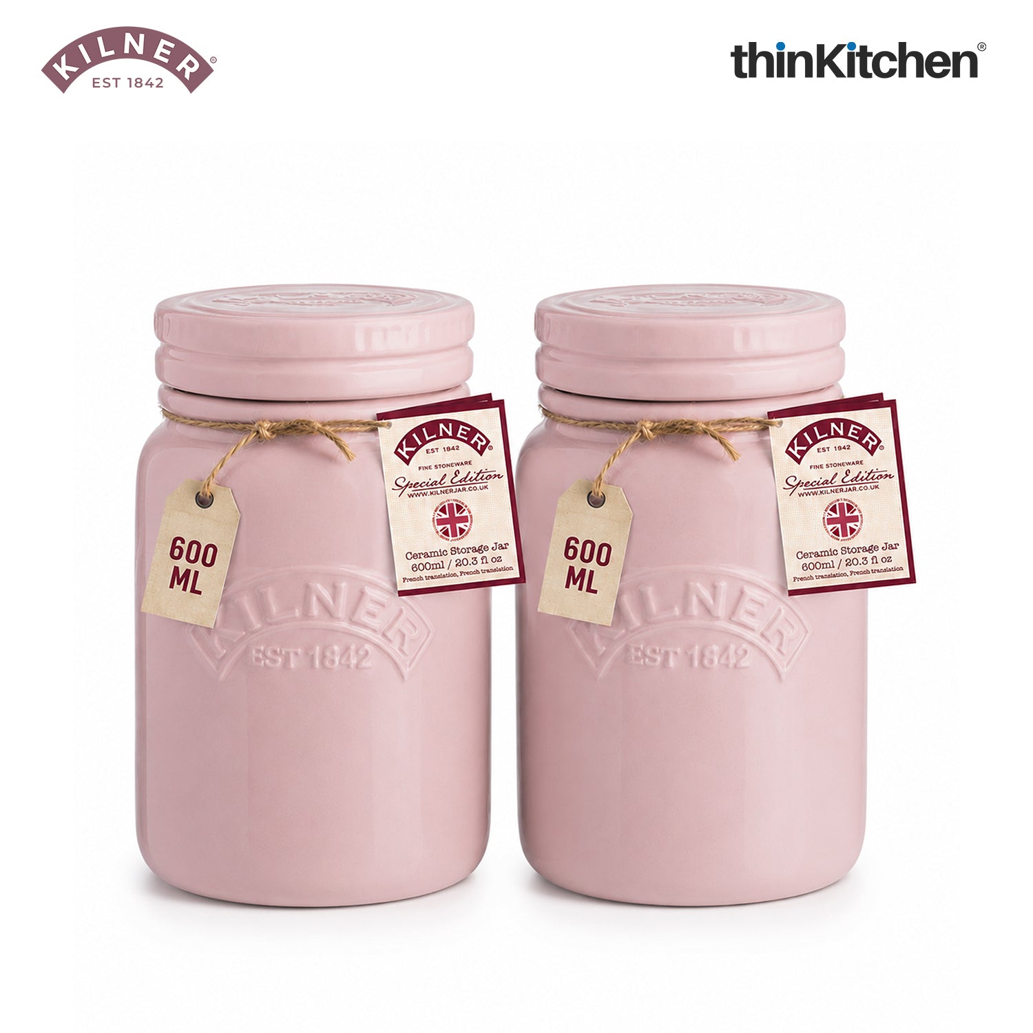 Kilner Premium 600ml Airtight Ceramic Storage Jar with Push Top Lid Set of 2- Pink for Dry Food, Tea, Coffee, Sugar, Biscuits | Stylish and Modern Kitchen Stoneware Storage Container - 1