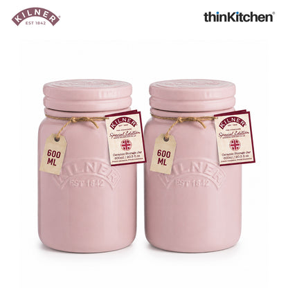 Kilner Premium 600ml Airtight Ceramic Storage Jar with Push Top Lid Set of 2- Pink for Dry Food, Tea, Coffee, Sugar, Biscuits | Stylish and Modern Kitchen Stoneware Storage Container