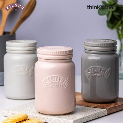 Kilner Premium 600ml Airtight Ceramic Storage Jar with Push Top Lid Set of 2- Pink for Dry Food, Tea, Coffee, Sugar, Biscuits | Stylish and Modern Kitchen Stoneware Storage Container