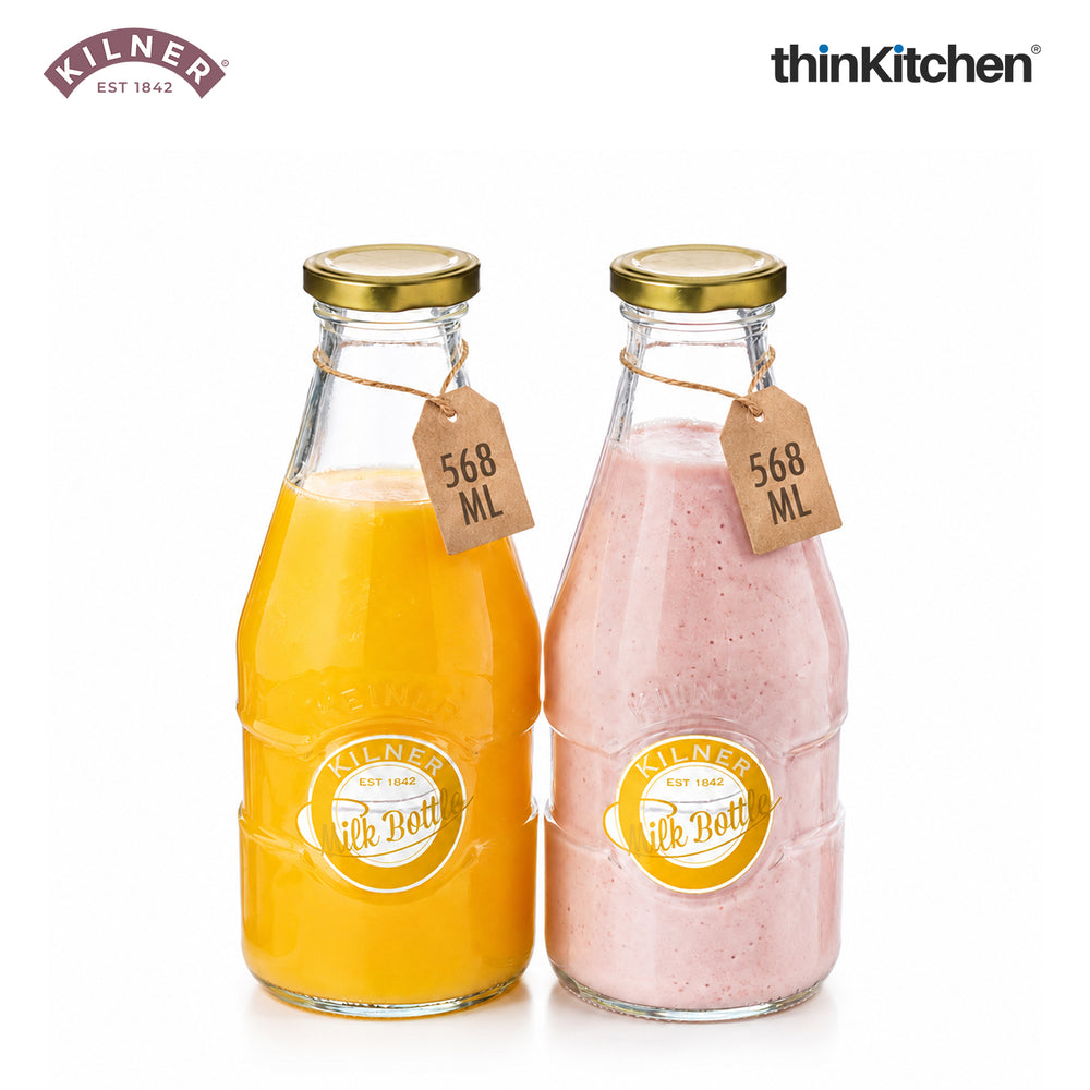 Kilner Premium 568ml Clear Airtight Glass Bottle Set of 2 for Water, Milk, Juices, Shakes | Reusable Twist Top Bottle, BPA Free, Eco-Friendly Kitchen Storage