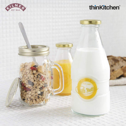 Kilner Premium 568ml Clear Airtight Glass Bottle Set of 2 for Water, Milk, Juices, Shakes | Reusable Twist Top Bottle, BPA Free, Eco-Friendly Kitchen Storage