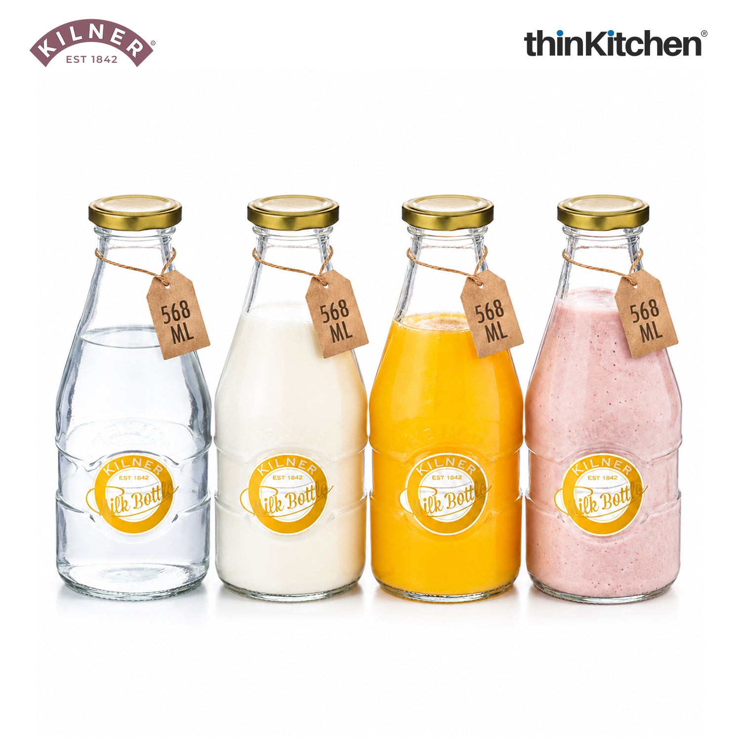 Kilner Premium 568ml Clear Airtight Glass Bottle Set of 4 for Water, Milk, Juices, Shakes | Reusable Twist Top Bottle, BPA Free, Eco-Friendly Kitchen Storage - 1