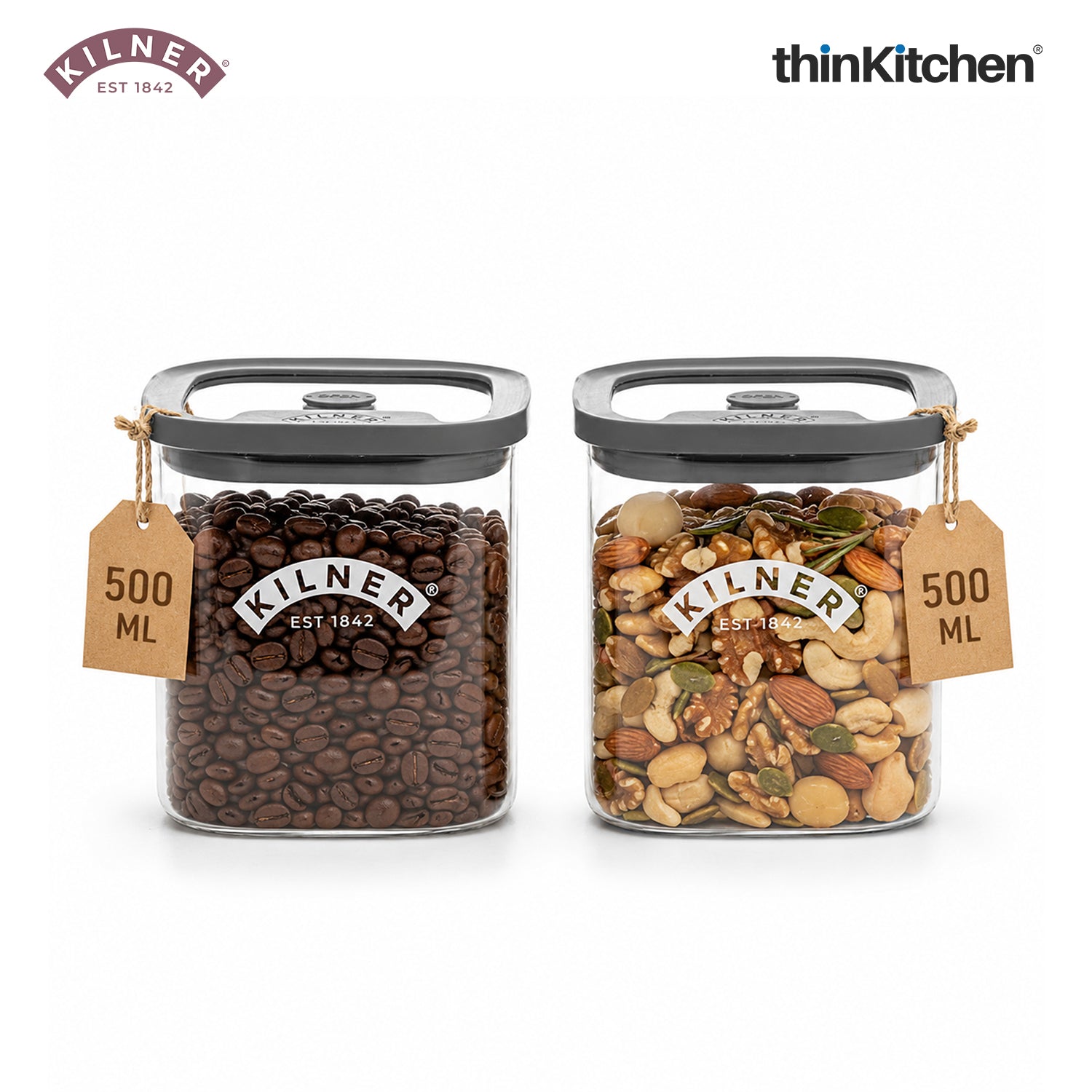 Kilner Premium 500ml Airtight Glass Jar Set of 2 with Vacuum Seal for Coffee, Herbs, Spices, Nuts, Snacks | BPA-Free Fresh Storage Glass Container - 1