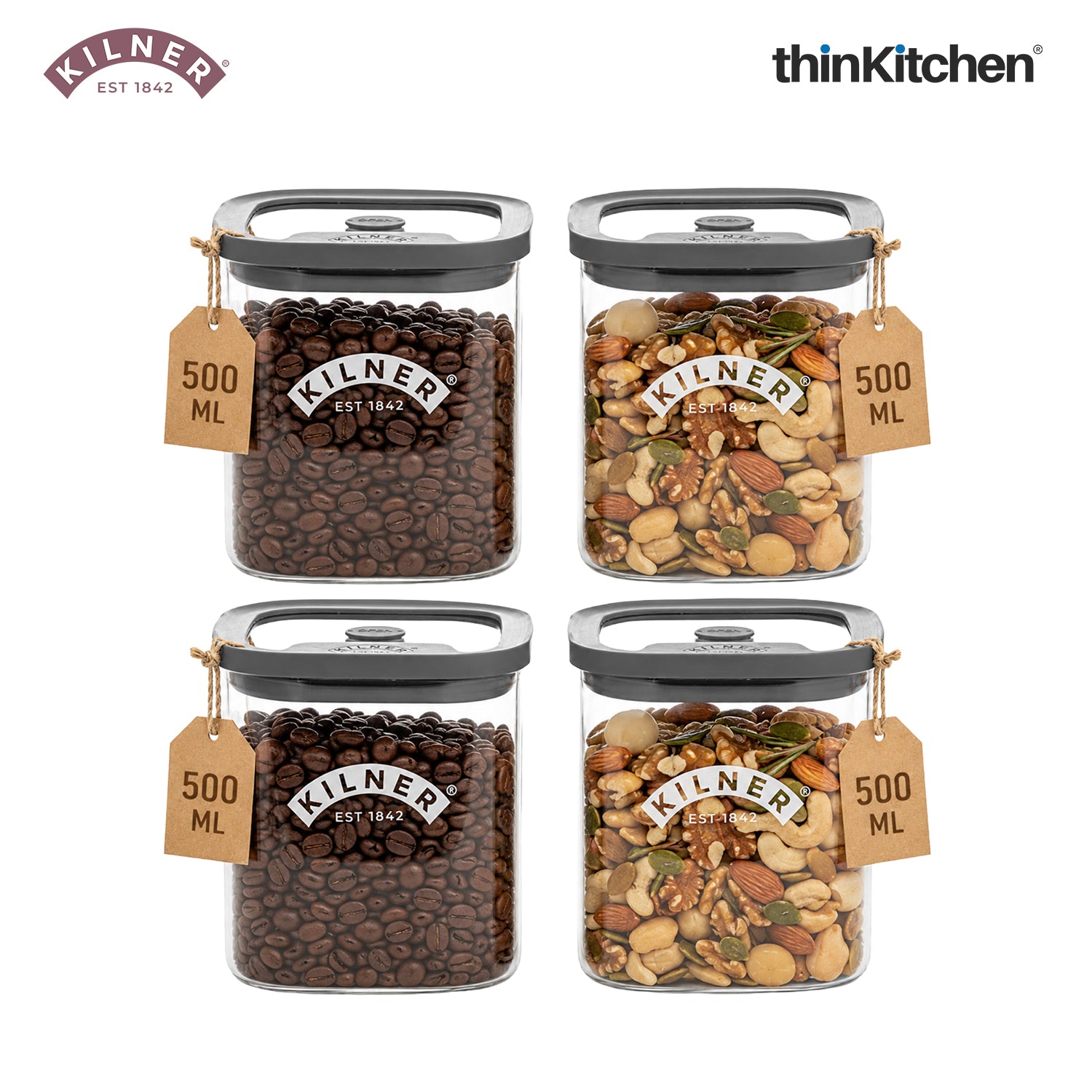 Kilner Premium 500ml Airtight Glass Jar Set of 4 with Vacuum Seal for Coffee, Herbs, Spices, Nuts, Snacks | BPA-Free Fresh Storage Glass Container - 2
