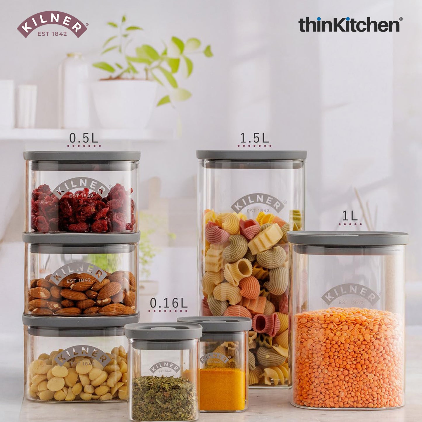Kilner Premium 500ml Airtight Glass Jar Set of 4 with Vacuum Seal for Coffee, Herbs, Spices, Nuts, Snacks | BPA-Free Fresh Storage Glass Container