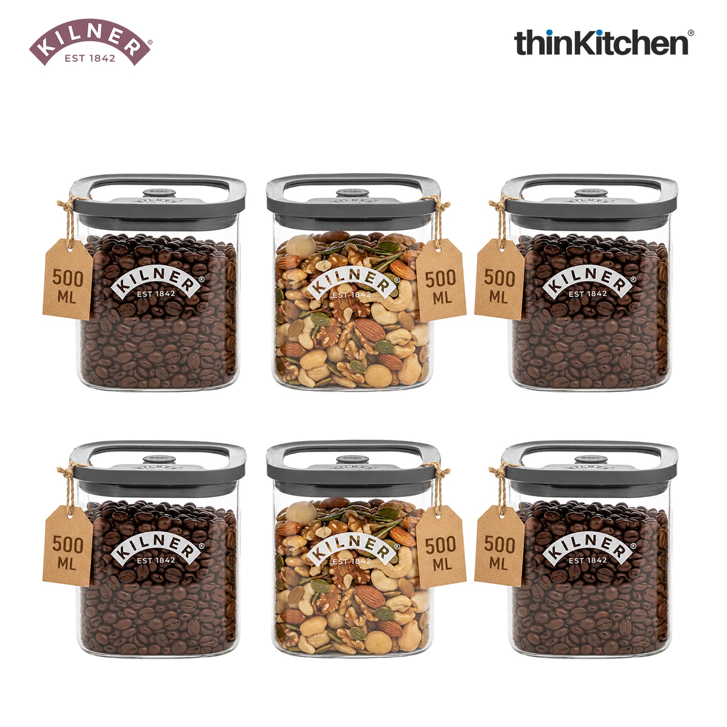 Kilner Premium 500ml Airtight Glass Jar Set of 6 with Vacuum Seal for Coffee, Herbs, Spices, Nuts, Snacks | BPA-Free Fresh Storage Glass Container