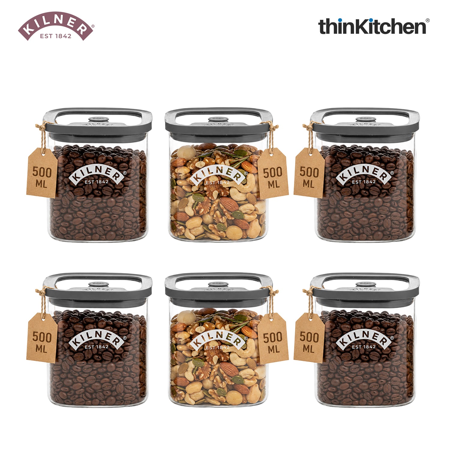Kilner Premium 500ml Airtight Glass Jar Set of 6 with Vacuum Seal for Coffee, Herbs, Spices, Nuts, Snacks | BPA-Free Fresh Storage Glass Container - 1