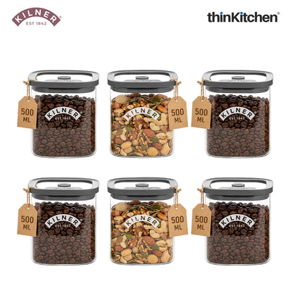 Kilner Premium 500ml Airtight Glass Jar Set of 6 with Vacuum Seal for Coffee, Herbs, Spices, Nuts, Snacks | BPA-Free Fresh Storage Glass Container