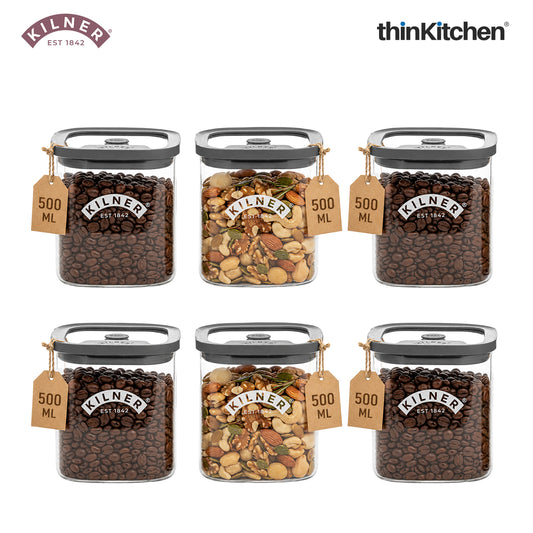 Kilner Premium 500ml Airtight Glass Jar Set of 6 with Vacuum Seal for Coffee, Herbs, Spices, Nuts, Snacks | BPA-Free Fresh Storage Glass Container