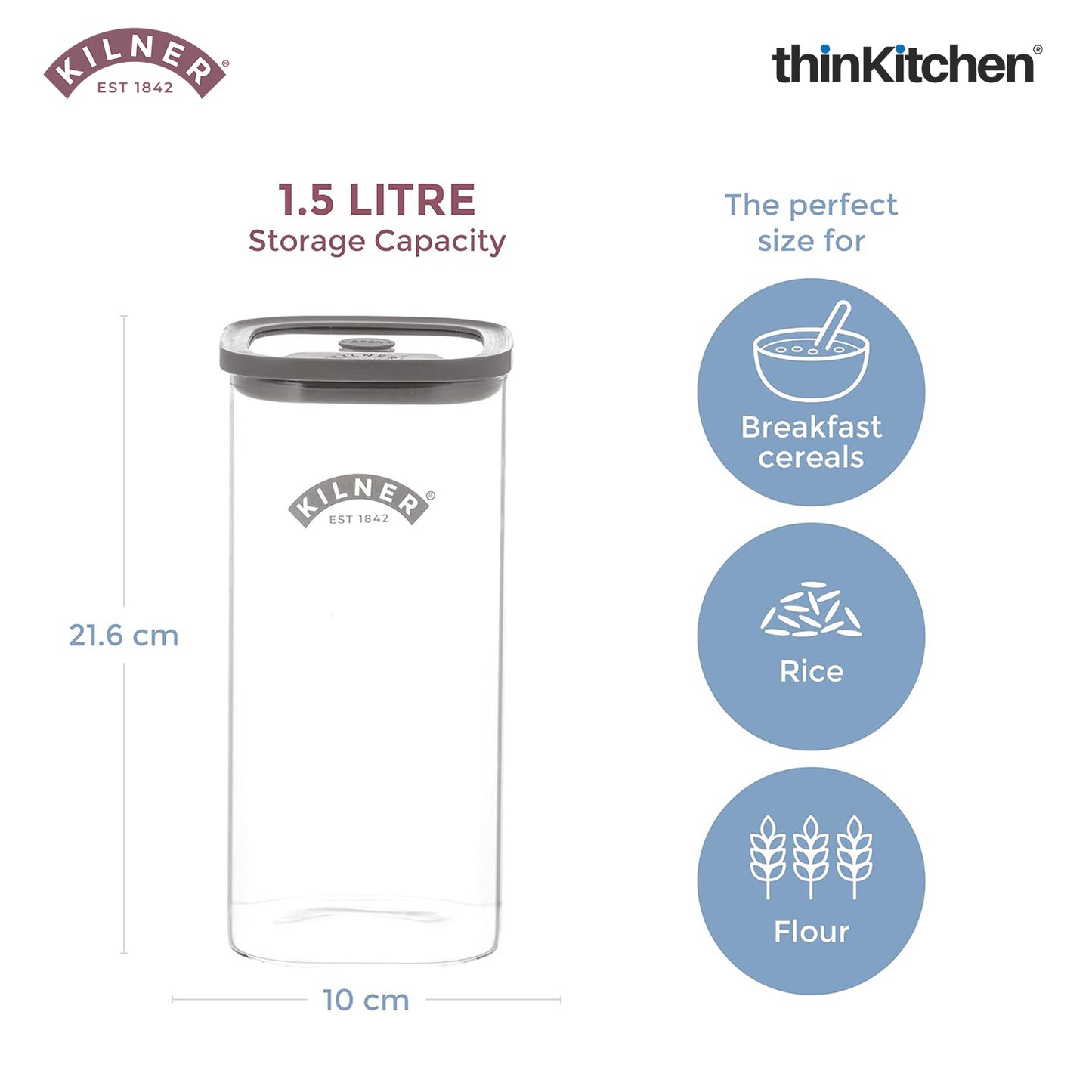 Kilner Premium 1.5 L Fresh Storage Airtight Glass Jar Set of 2 with Vacuum Seal for Cereals, Flour, Dry Goods, Pulses, Daals | BPA-Free, Eco-Friendly Kitchen Container