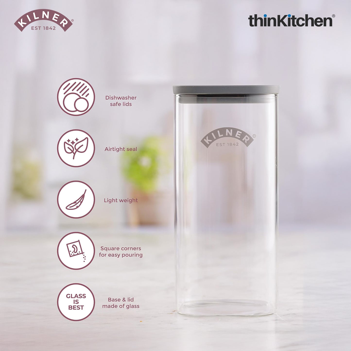 Kilner Premium 1.5 L Fresh Storage Airtight Glass Jar Set of 4 with Vacuum Seal for Cereals, Flour, Dry Goods, Pulses, Daals | BPA-Free, Eco-Friendly Kitchen Container