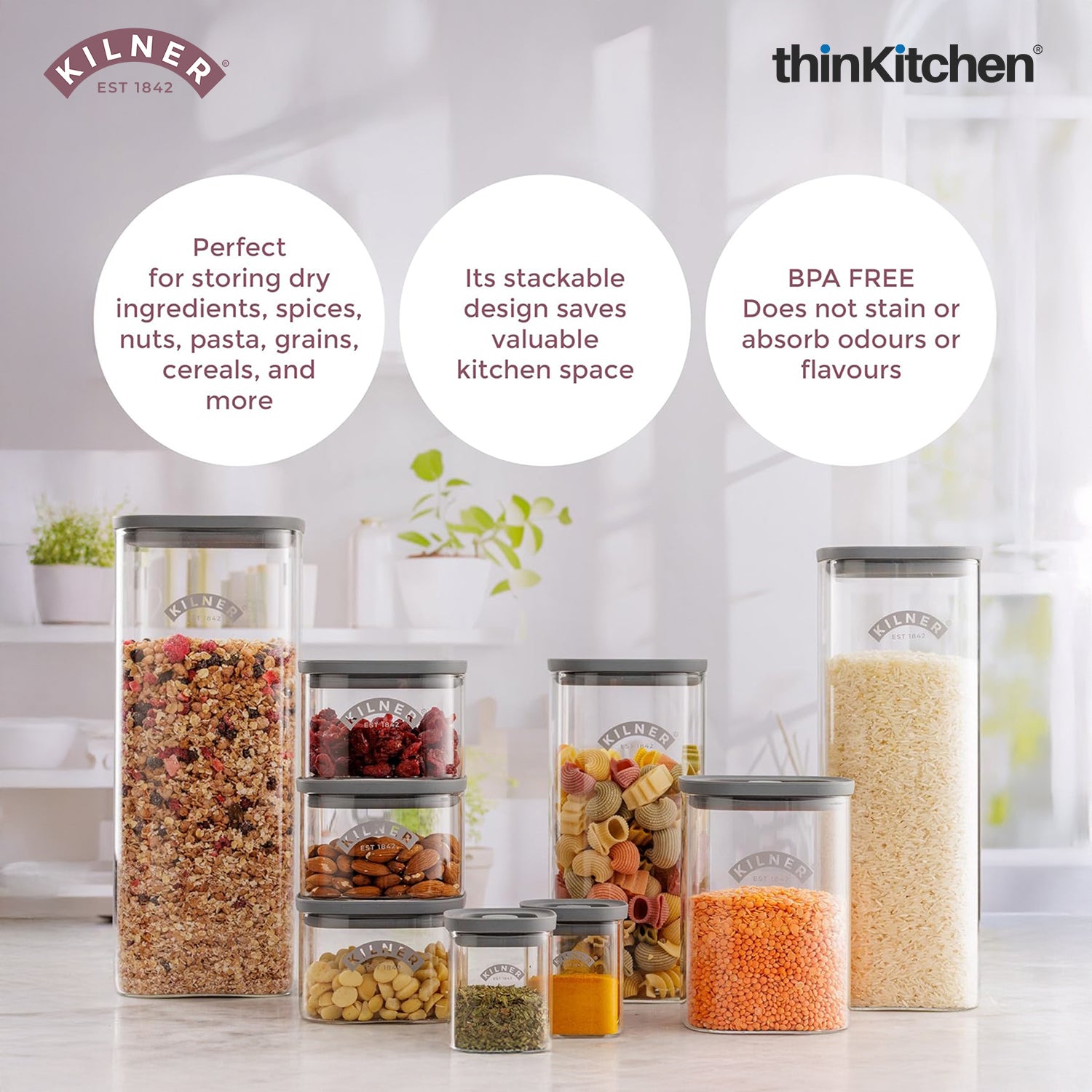 Kilner Premium 1.5 L Fresh Storage Airtight Glass Jar Set of 4 with Vacuum Seal for Cereals, Flour, Dry Goods, Pulses, Daals | BPA-Free, Eco-Friendly Kitchen Container - 5