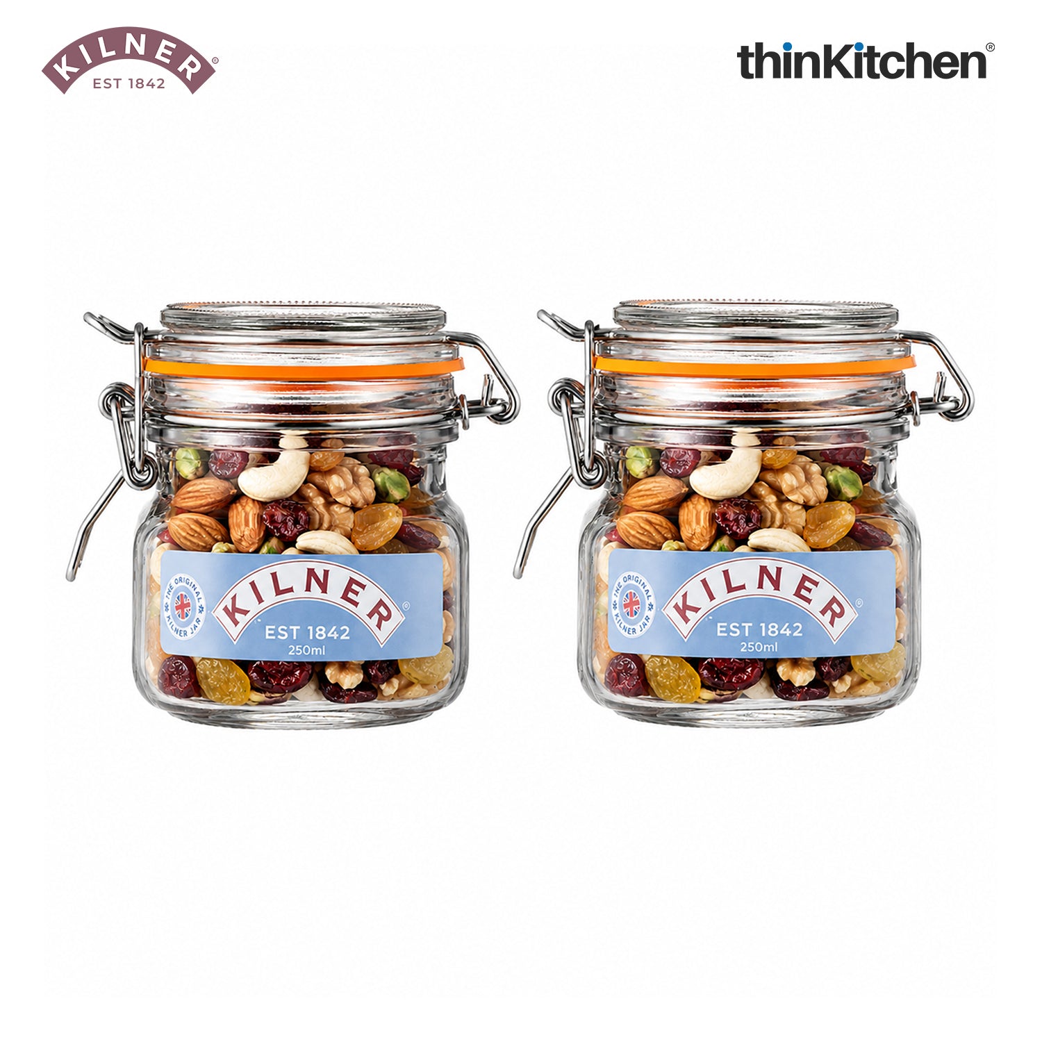 Kilner Premium 250ml Airtight Leakproof Square Glass Jar Set of 2 with Clip Top Lid or Spices, Sauces, Chutneys, Baby Food, Honey, Ghee | Kitchen Storage Reusable BPA Free Glass Container - 1