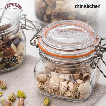Kilner Premium 250ml Airtight Leakproof Square Glass Jar Set of 2 with Clip Top Lid or Spices, Sauces, Chutneys, Baby Food, Honey, Ghee | Kitchen Storage Reusable BPA Free Glass Container