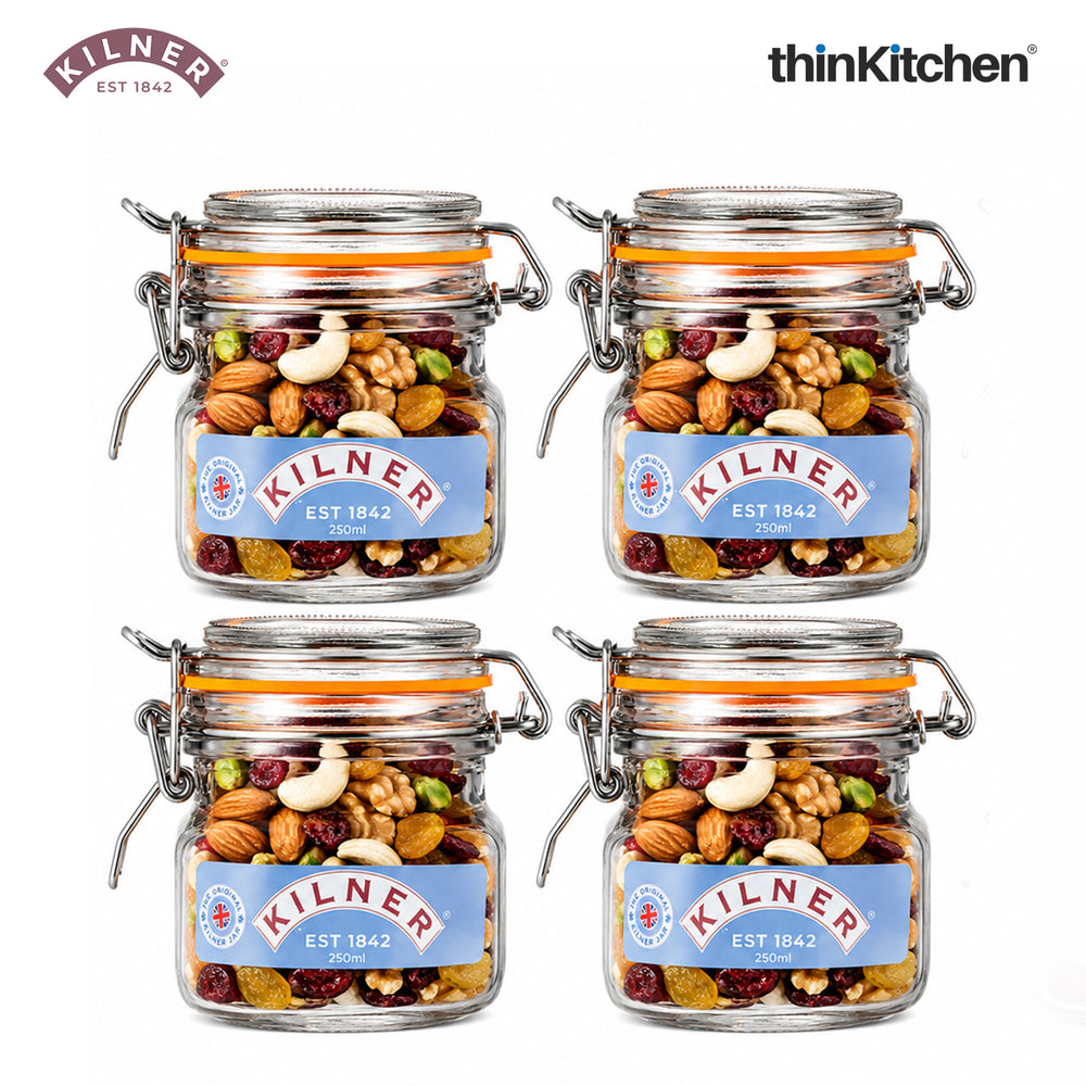 Kilner Premium 250ml Airtight Leakproof Square Glass Jar Set of 4 with Clip Top Lid or Spices, Sauces, Chutneys, Baby Food, Honey, Ghee | Kitchen Storage Reusable BPA Free Glass Container