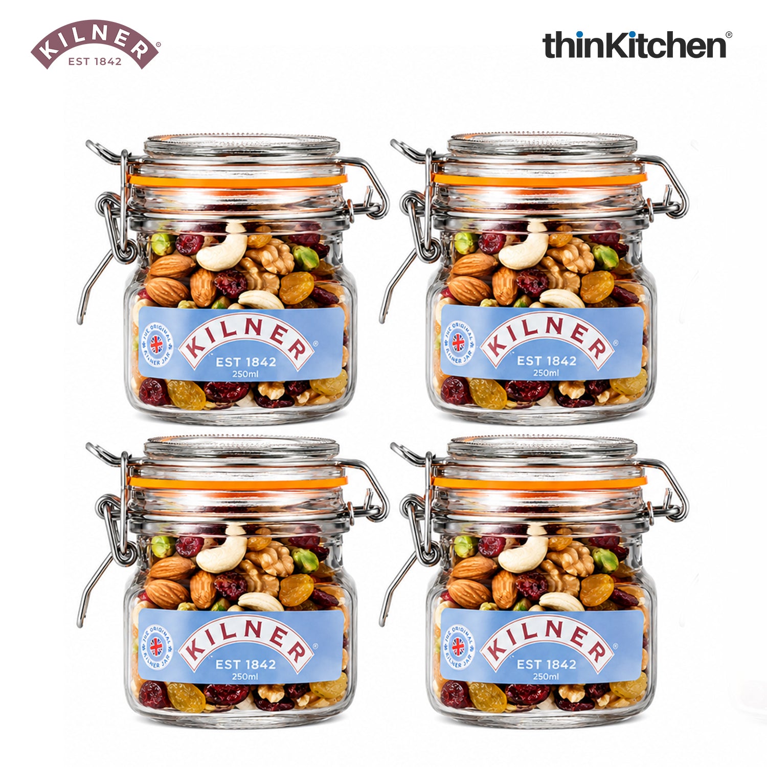 Kilner Premium 250ml Airtight Leakproof Square Glass Jar Set of 4 with Clip Top Lid or Spices, Sauces, Chutneys, Baby Food, Honey, Ghee | Kitchen Storage Reusable BPA Free Glass Container - 1
