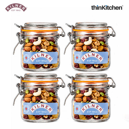 Kilner Premium 250ml Airtight Leakproof Square Glass Jar Set of 4 with Clip Top Lid or Spices, Sauces, Chutneys, Baby Food, Honey, Ghee | Kitchen Storage Reusable BPA Free Glass Container